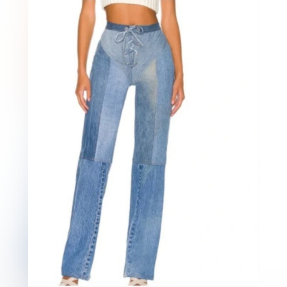 EB Denim High Rise Denim Patchwork Lace-Up Blue Jeans